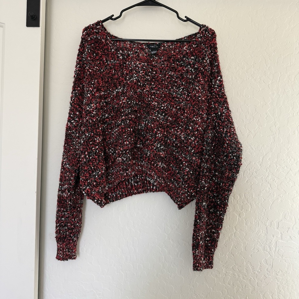 Y2K Vtg Knit Sweater Red Black Textured V-neck Slouchy Off Shoulder Goth Grunge